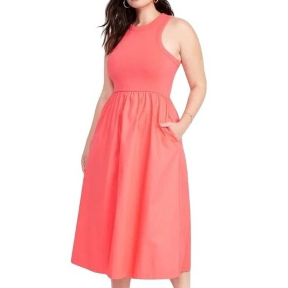 Old Navy Fit & Flare Coral Ribbed Tank Midi Dress Womens Sleeveless Large - Picture 13 of 14
